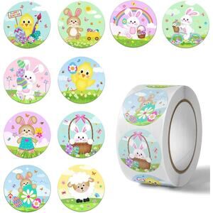 500 Easter Stickers Round 1.18" Pastel Bunnies Chicks Sheep 8 Designs , 1 Roll
